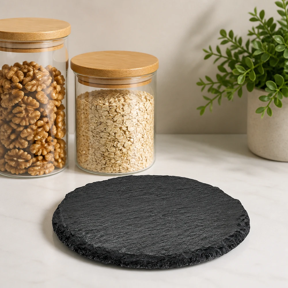Rond leistenen bord met een diameter van 15 cm op een wit aanrecht naast voorraadpotten met noten en havermout