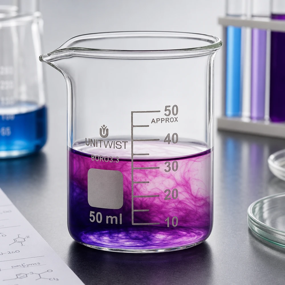 Hittebestendige bekerglas 50 ml UNiTWIST BORO 3.3, lage vorm met roze-paarse vloeistof