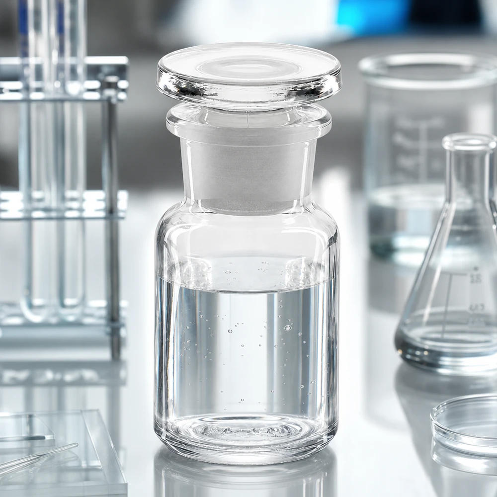 Apothekersfles 50 ml wijde hals helder glas incl. glazen stop Fles met ronde schouders en brede hals, 50 ml, helder, met ingeslepen stop en gevuld met heldere laboratoriumvloeistof