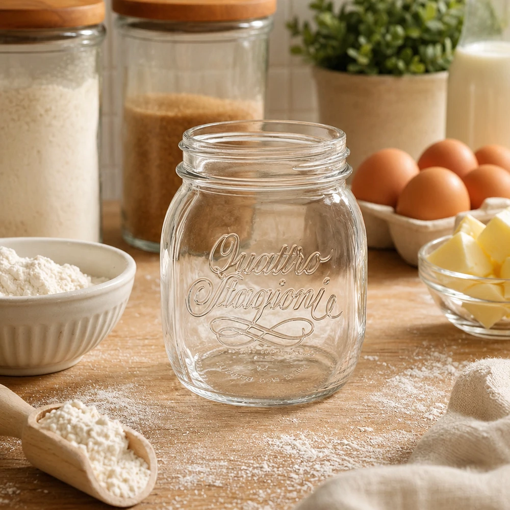 700ml huishoudglas "Quattro Stagioni" 700ml Quattro Stagioni huishoudglas leeg op houten tafel omringd door bakingrediënten bloem eieren en boter in keuken