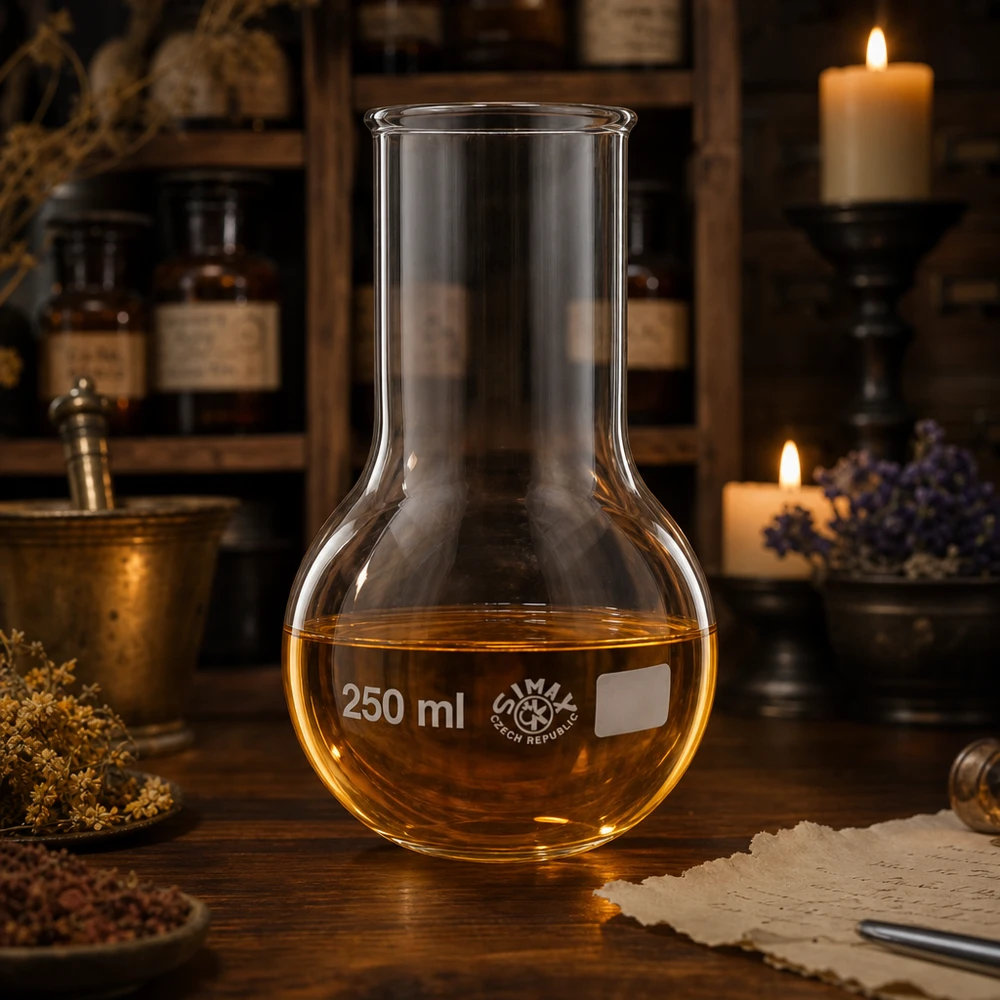 Platbodem kolf 250ml wijde hals borosilicaat met afgeronde rand 250 ml kolf van hittebestendig glas met gouden vloeistof in vintage laboratoriumsfeer