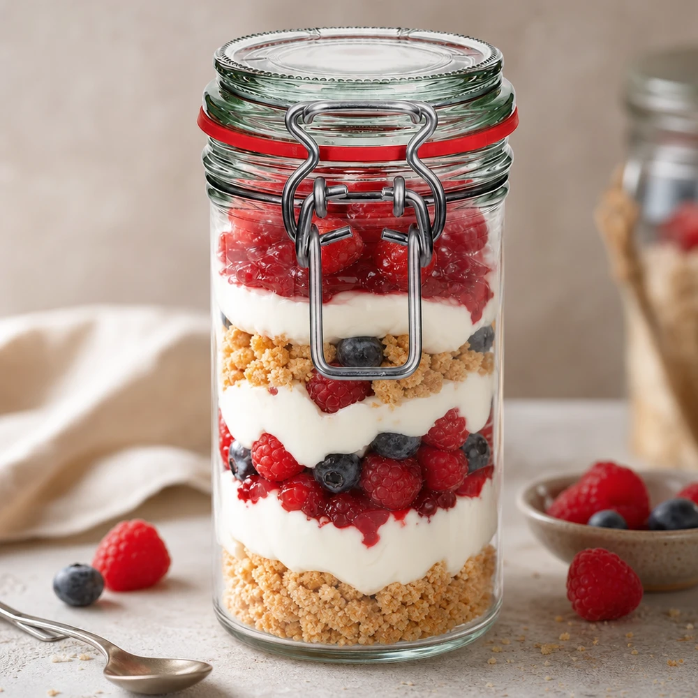 272 ml voorraadpot type G met beugelsluiting UN.. Voorraadpotje met draaidop van 272 ml, gevuld met een gelaagd dessert van bessen, yoghurt en koekkruimels