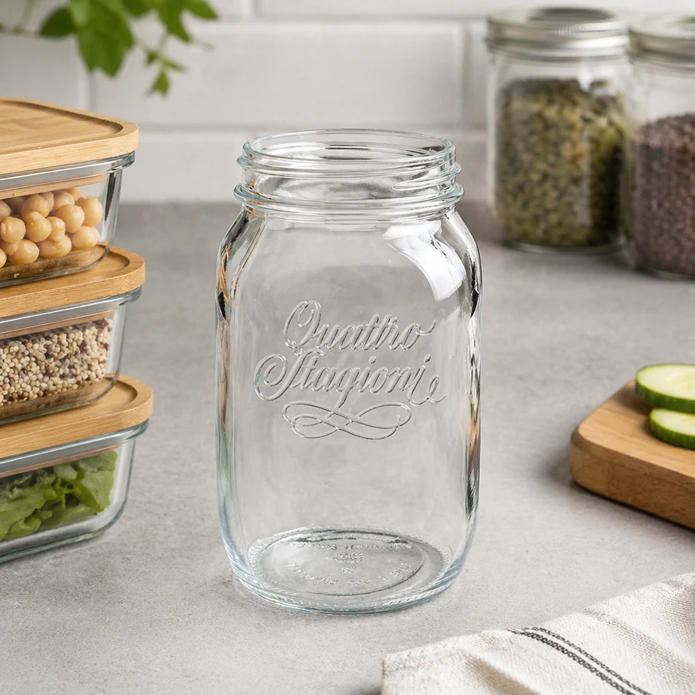 1000ml huishoudglas "Quattro Stagioni" 1000ml Quattro Stagioni huishoudpot leeg op aanrecht met voorraadpotten en houten plank op de achtergrond