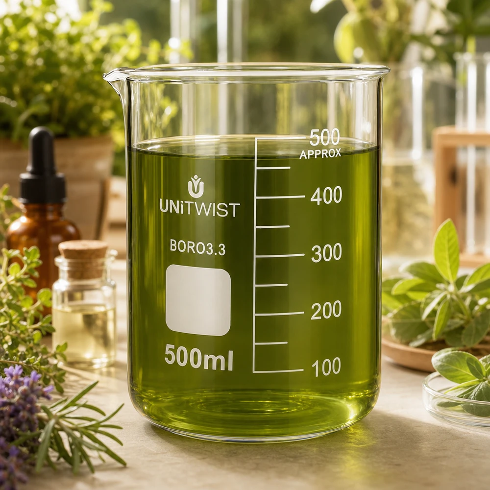 Stevig bekerglas 500 ml UNiTWIST, laag model met wit opschriftveld en schenktuit