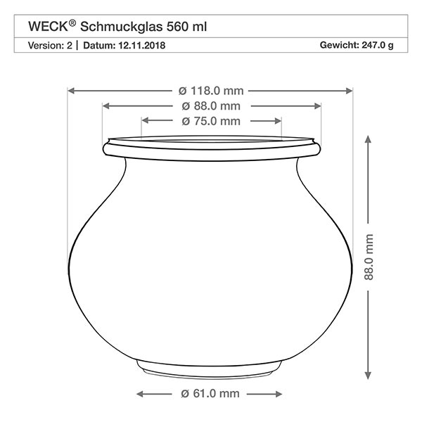 WECK juwelenpot 560ml RR80 technische tekening afmetingen diameter hoogte 118mm 88mm productspecificatie gewicht 247g