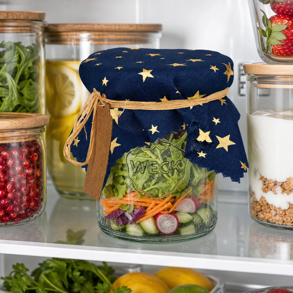 Blauw decoratief onderleggertje met sterrenprint op saladepotje in de koelkast - praktisch stoffen onderleggertje 15cm vierkant