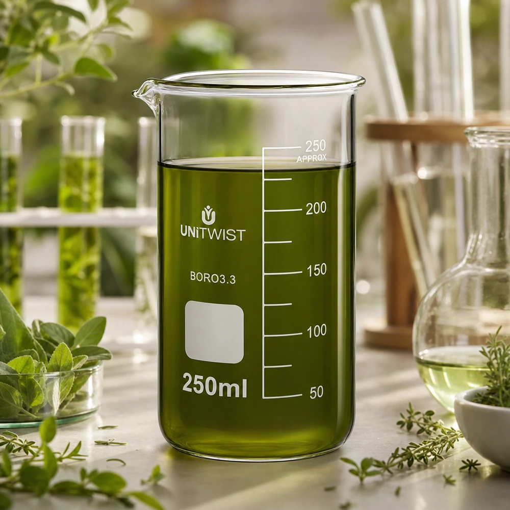 Beker 250ml borosilicaat, hoge vorm UNITWIST Groen plantenextract in het UNITWIST-borosilicaatglas van 250 ml, naast een Erlenmeyer-kolf en kruiden