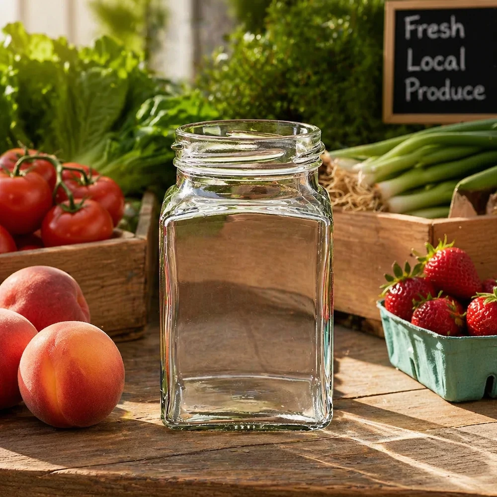 UNiTWIST Tetra260 4-hoekige pot 260ml TO58 inmaakpot tussen vers fruit en groenten op houten tafel
