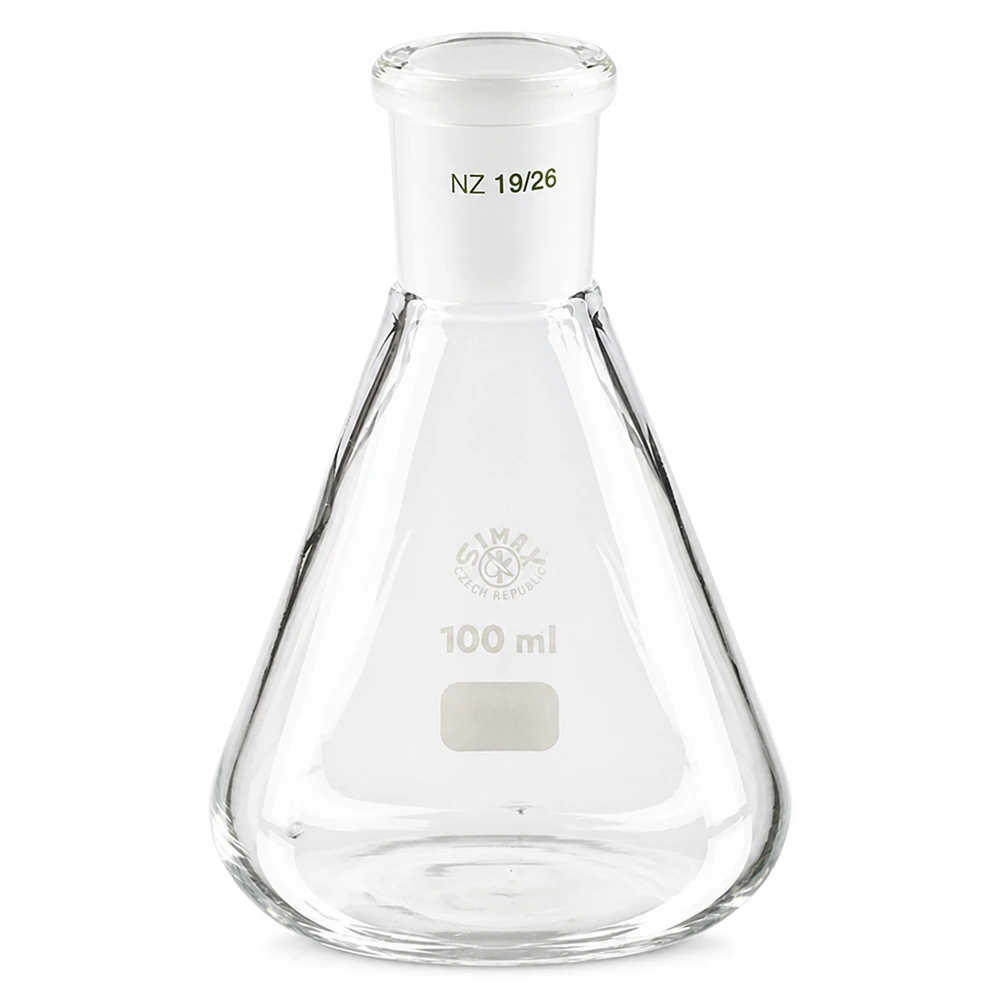 Erlenmeyer 100ml nauwe hals borosilicaat met slijpstuk 19/26 Erlenmeyer 100ml nauwe hals borosilicaat met slijpstuk 19/26