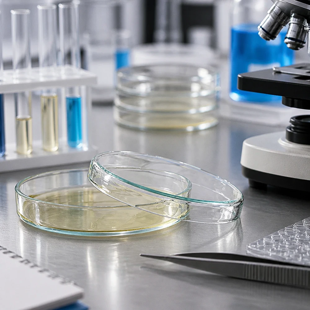 Petrischaal van glas, 80 x 15 mm, met een lichtgeel kweekmedium voor het kweken van bacteriën in het onderzoekslaboratorium