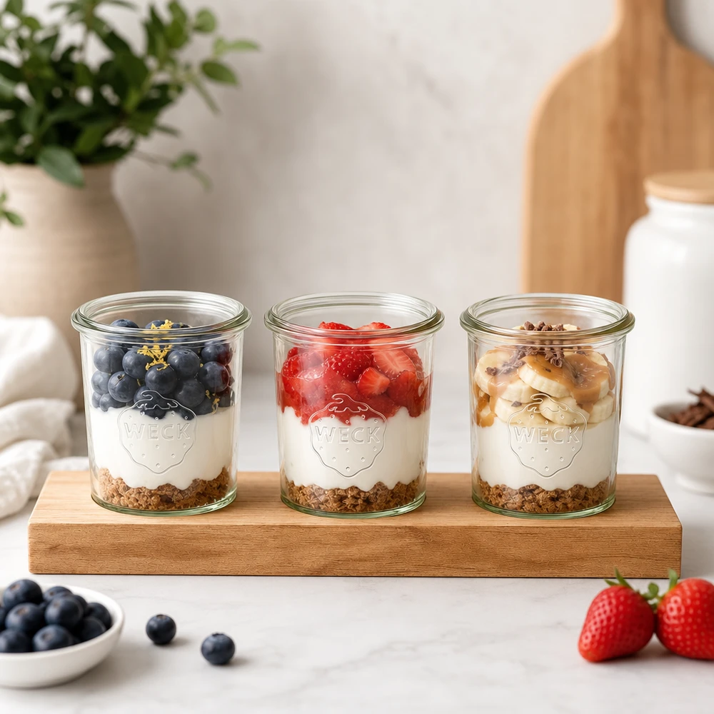 Serveerplank Plano3 met 3 Weck-glazen van 160 ml Plano3 serveerplank met Weck potten als yoghurt parfait met bessen, granola en noten in een lichtgekleurde keuken