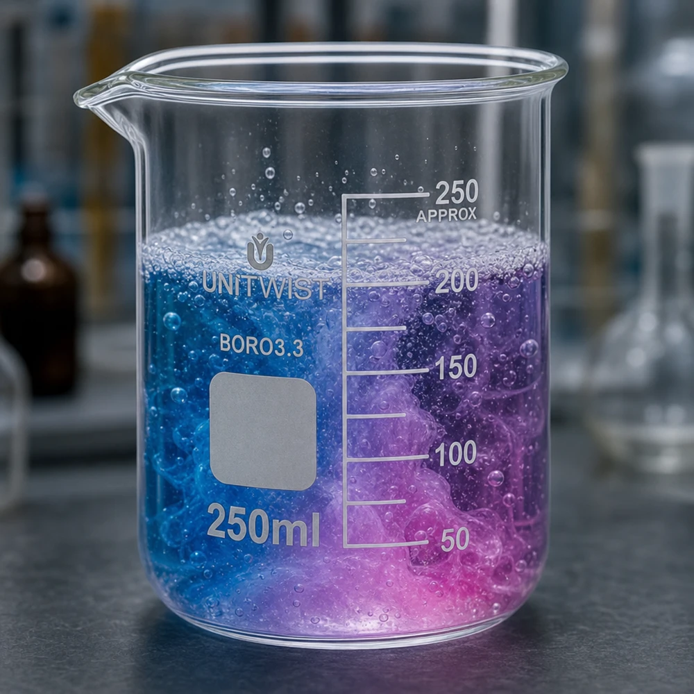 Gegradueerde laboratoriumbeker van 250 ml, borosilicaatglas, lage vorm, met paarse indicatoroplossing