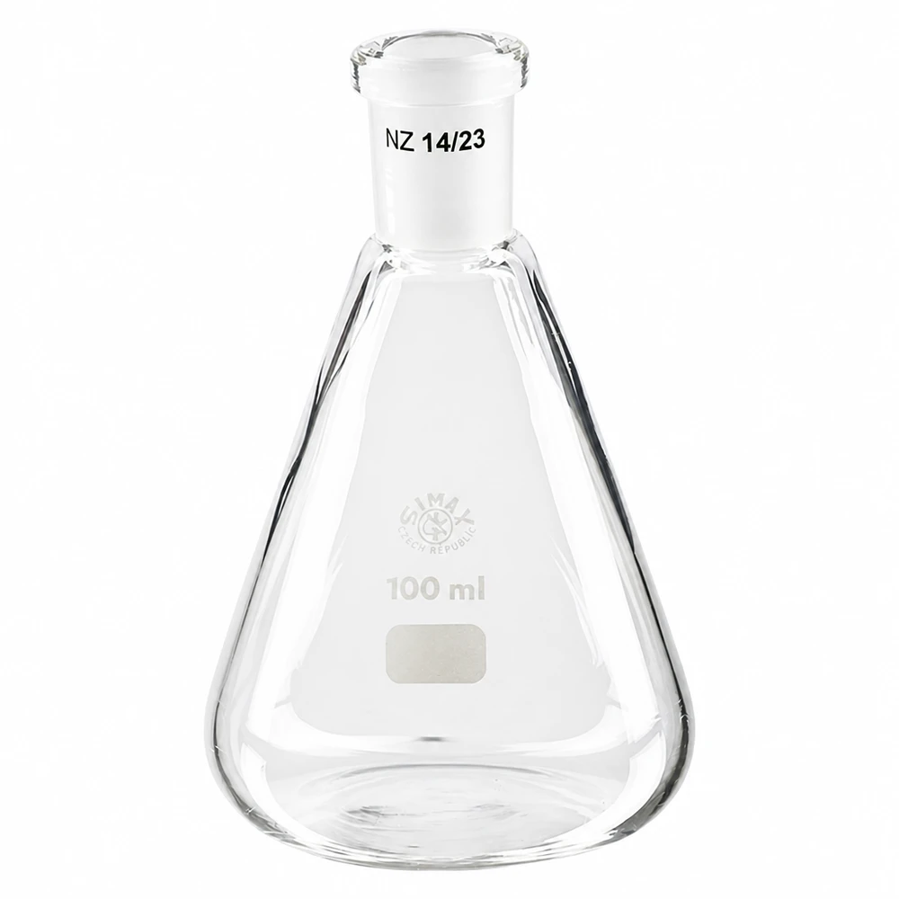 Erlenmeyer 100ml nauwe hals borosilicaat met slijpstuk 14/23 Erlenmeyer 100ml nauwe hals borosilicaat met slijpstuk 14/23