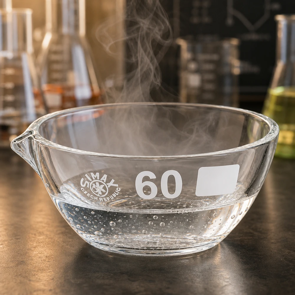 Indampschaal 45ml van borosilicaatglas met schenktuit Dampbakje van borosilicaat ø60mm met praktische schenktuit voor veilige vloeistofoverdracht