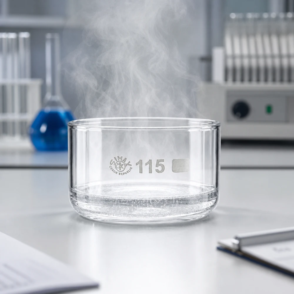 Hittebestendige glazen schaal zonder tuit voor het verwarmen van vloeistoffen in het dagelijkse laboratoriumwerk