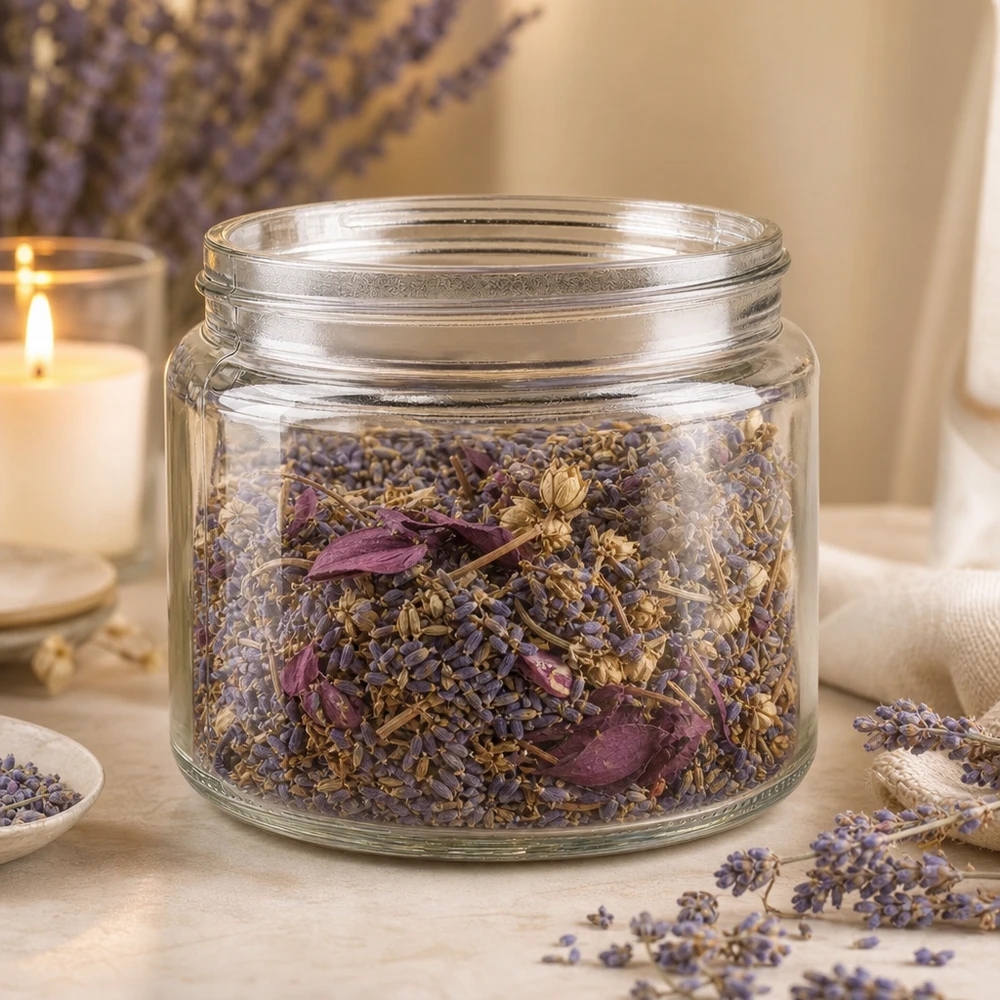 Glazen pot 250ml helder glas, zonder sluiting Glazen pot 250ml gevuld met lavendel en gedroogde kruiden rustieke decoratieve opslag voor thee en kruiden