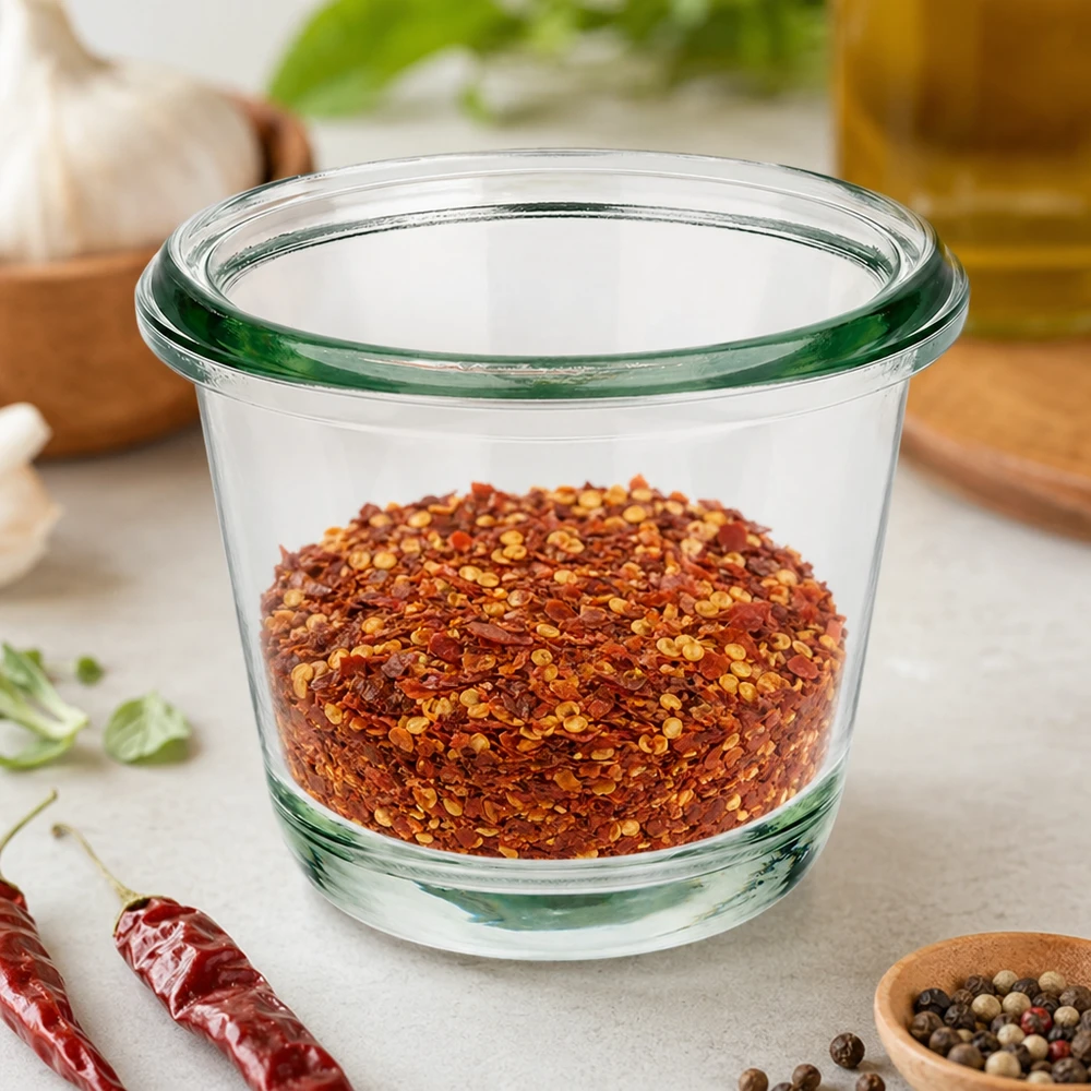 WECK gourmetpotje RR60 80ml gevuld met rode chilivlokken tussen gedroogde pepers en peperkorrels