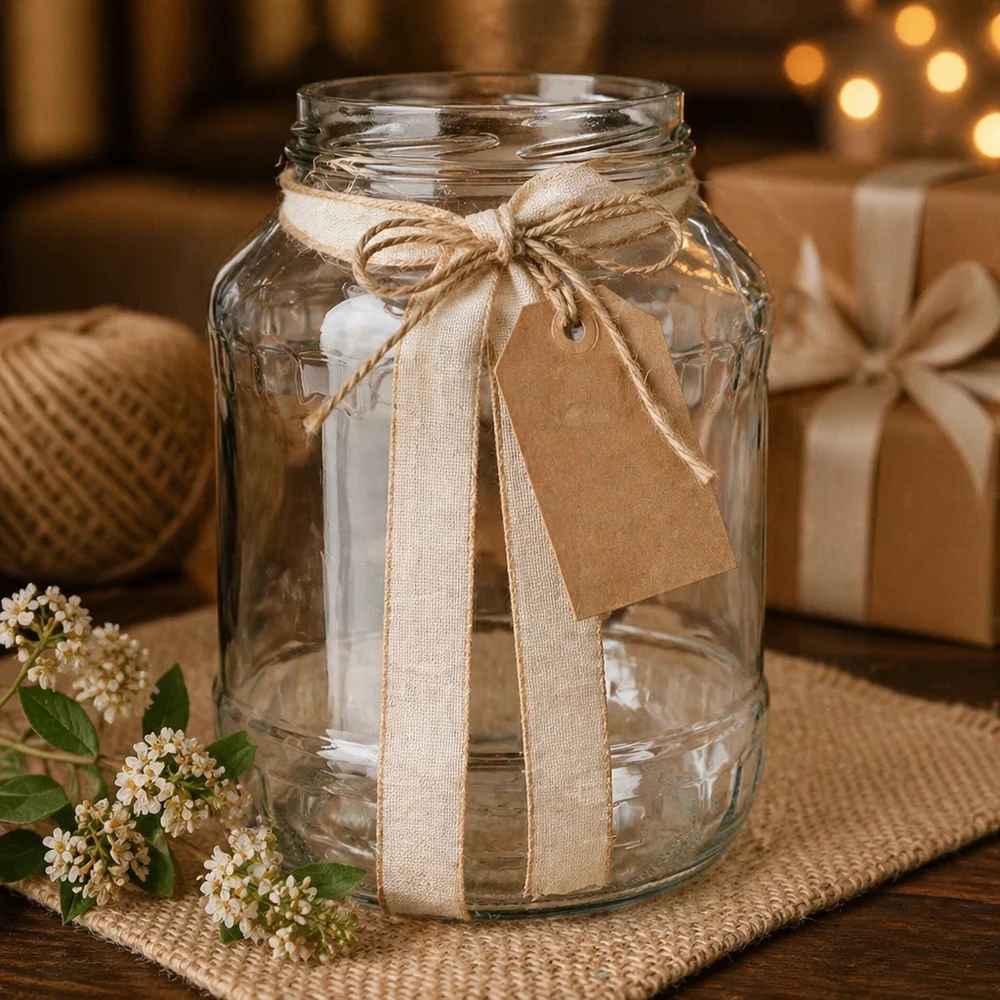 UNiTWIST Runda2650 bekers 2650ml als decoratie met linnen lint en cadeaulabel rustieke tafeldecoratie TO100