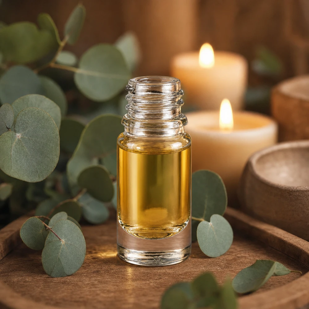 Helder glazen fles 5ml 5ml apothekersflesje ApoGlas met goudgele vloeistof in een ontspannende aromatherapeutische sfeer