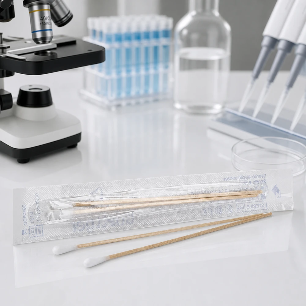 Wattenstaafjes STERIEL 1 paar Wattenstaafjes met houten staafje, circa 15 cm lang, steriel en per stuk verpakt, voor het afnemen van monsters in het laboratorium