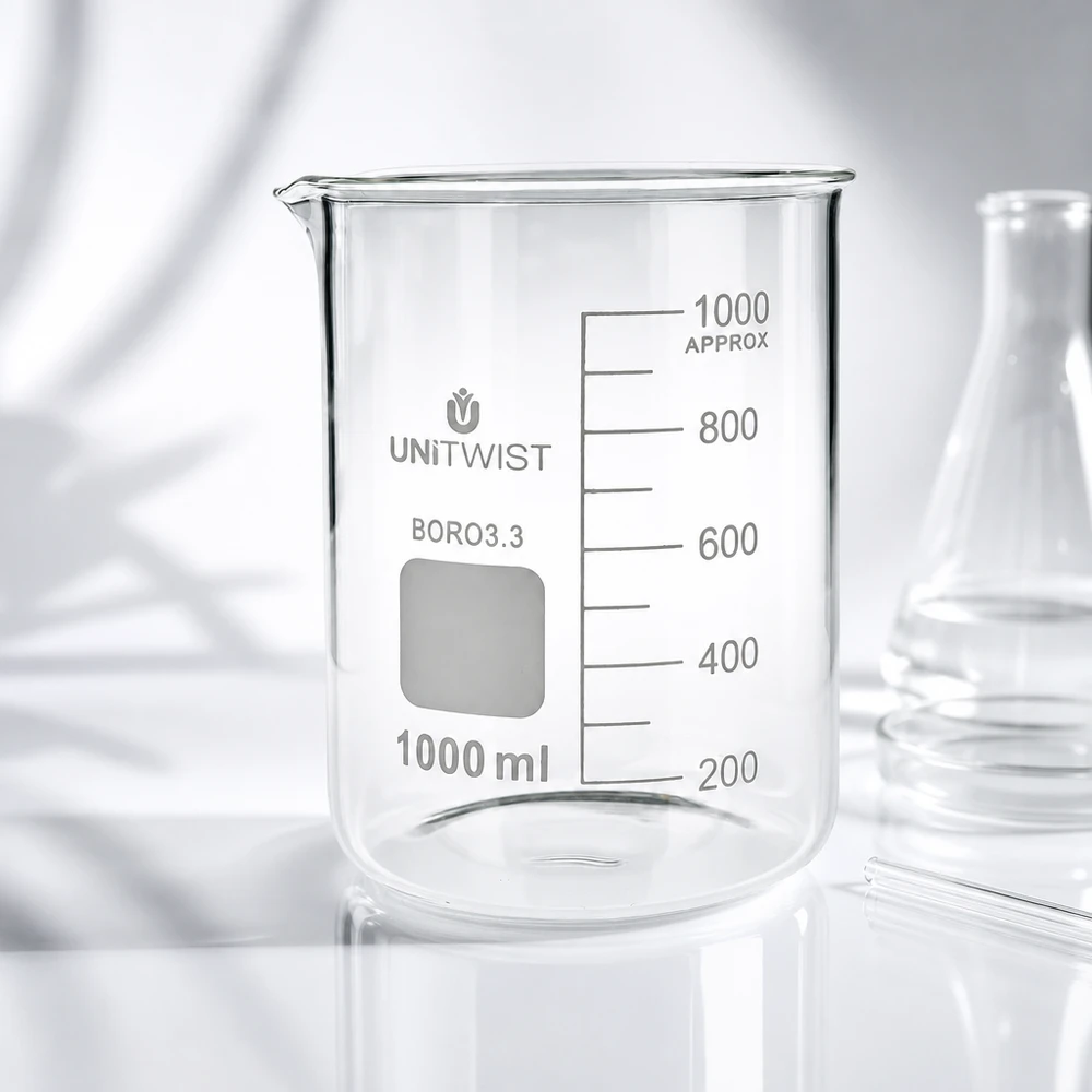 Doorzichtig UNiTWIST-laboratoriumglas, bekertje van 1000 ml, laag model met wit, mat beschriftingsveld