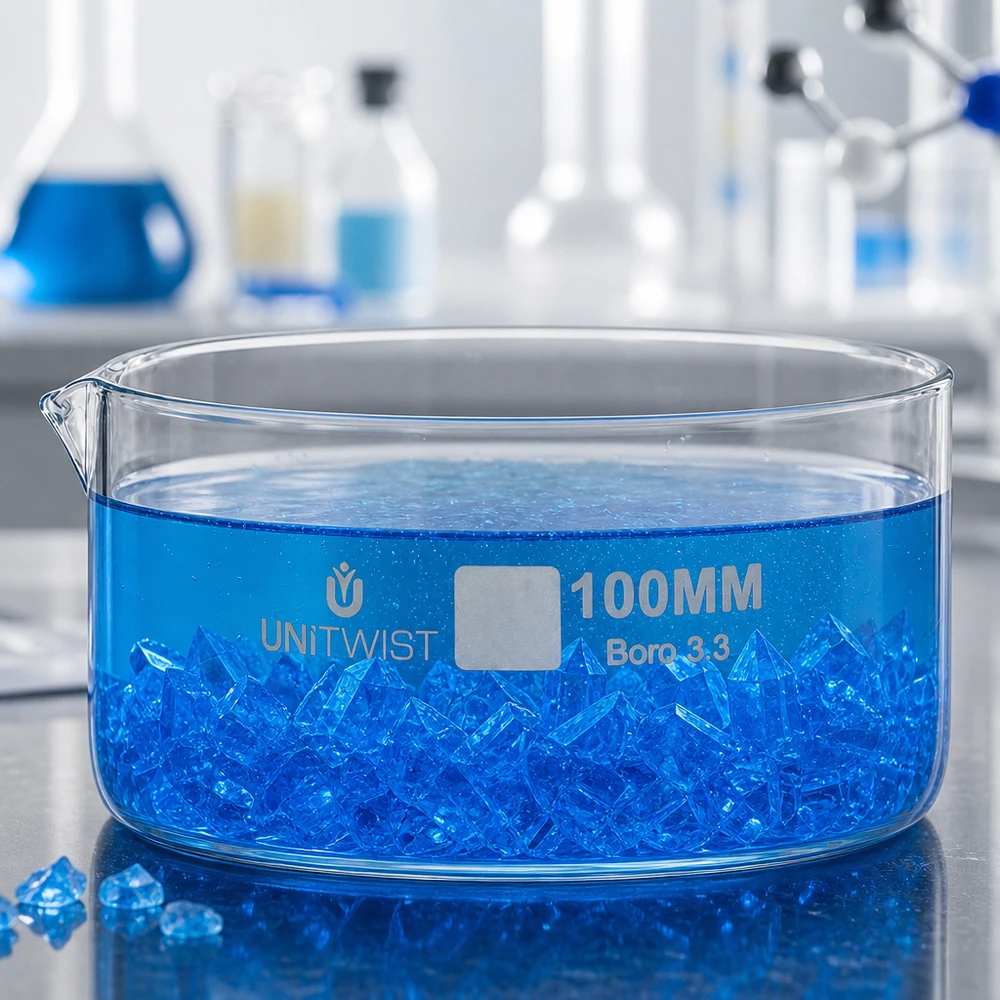 UNiTWIST laboratoriumschaal 100 mm Boro 3.3 kopersulfaatkristallen blauwe oplossing scheikundelaboratorium