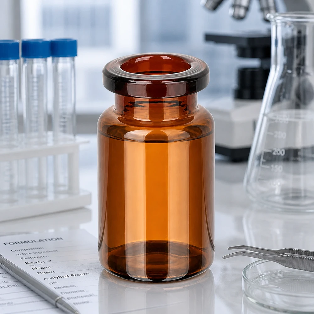 Injectiefles bruin glas 5ml Leere Injektionsflasche Braunglas 5ml neben Erlenmeyerkolben und Formulation Sheet