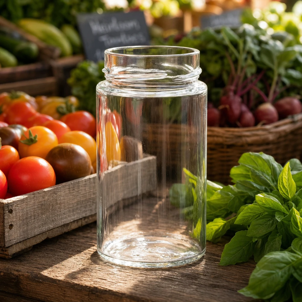 245ml rond glas zonder deksel (TO58deep) UNiTWIST UNiTWIST Runda245 ronde pot 245ml TO58deep inmaakpot transparant op houten tafel met verse tomaten en kruiden