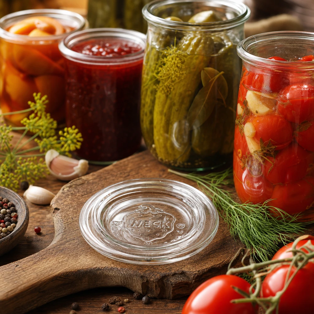 WECK glazen deksel RR40 WECK potdeksel RR40 in keukentafereel met gekookte komkommers, tomaten en jam in inmaakpotten