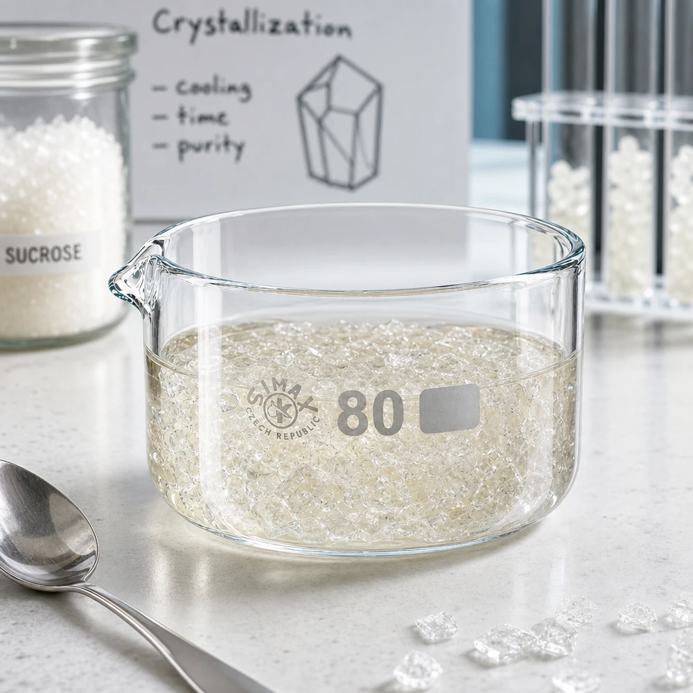 Kristallisatiekom van borosilicaatglas, 80 mm, voor schoolproeven met kristallisatie, met uitgietmond, 150 ml