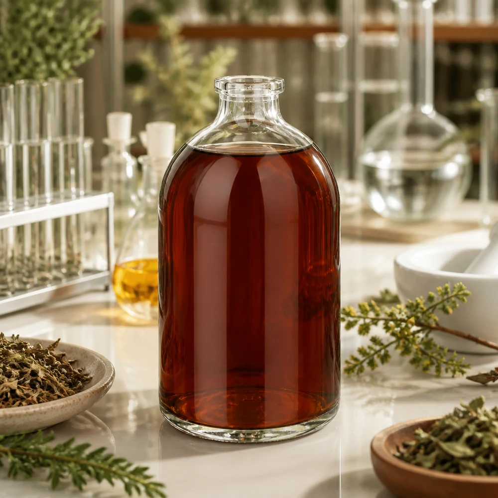 Injectiefles helder glas 100ml Kleine Klarglas Injektionsflasche 100ml mit dunklem Kräuterauszug zwischen Reagenzgläsern und Schalen
