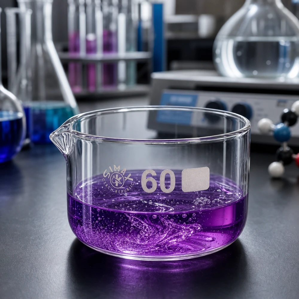 Kristalliseerschaal 60ml met schenktuit Laboratoriumschaal van 60 ml, borosilicaatglas, diep paarse vloeistof, reactieschaal, platte vorm, uitgietmond