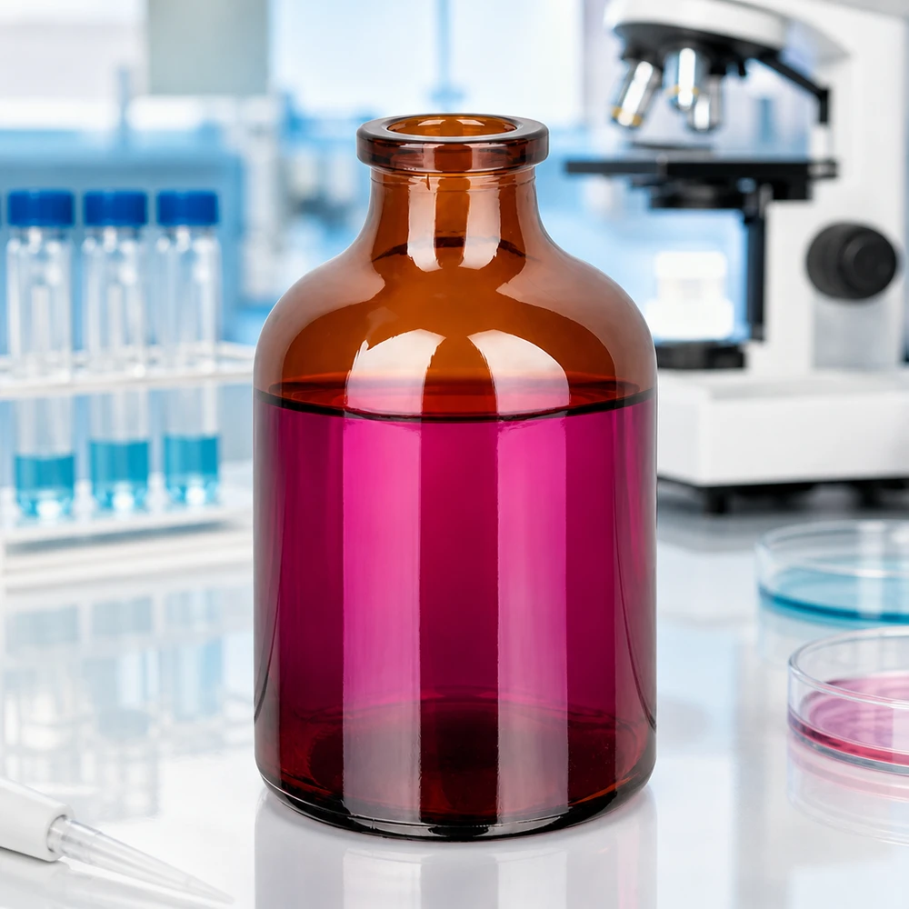 Injectiefles bruin glas 50ml Braunglas Injektionsflasche 50ml mit breitem Zylinderkörper und eingezogenem Hals im Labor