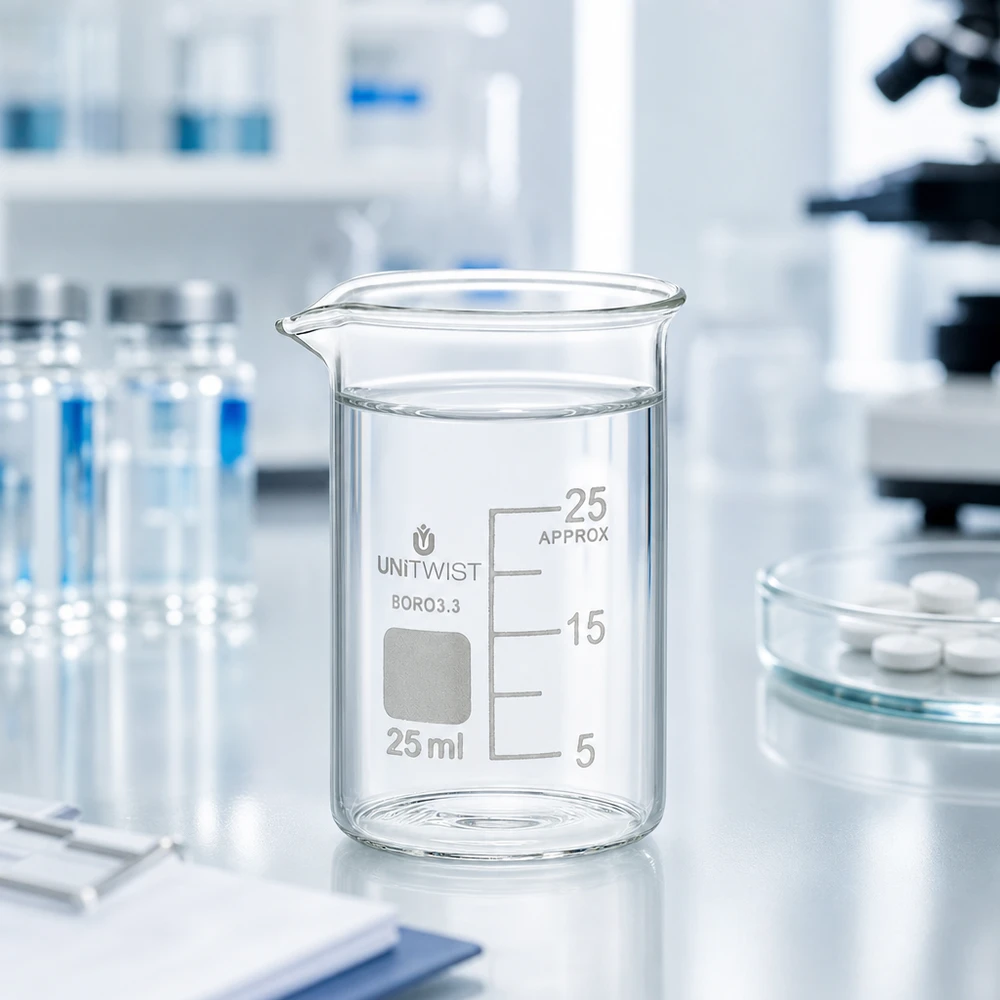 Beker 25ml borosilicaat, lage vorm UNiTWIST Laag becherglas van 25 ml, borosilicaat 3.3 van UNiTWIST, met een petrischaal en pillen op de achtergrond