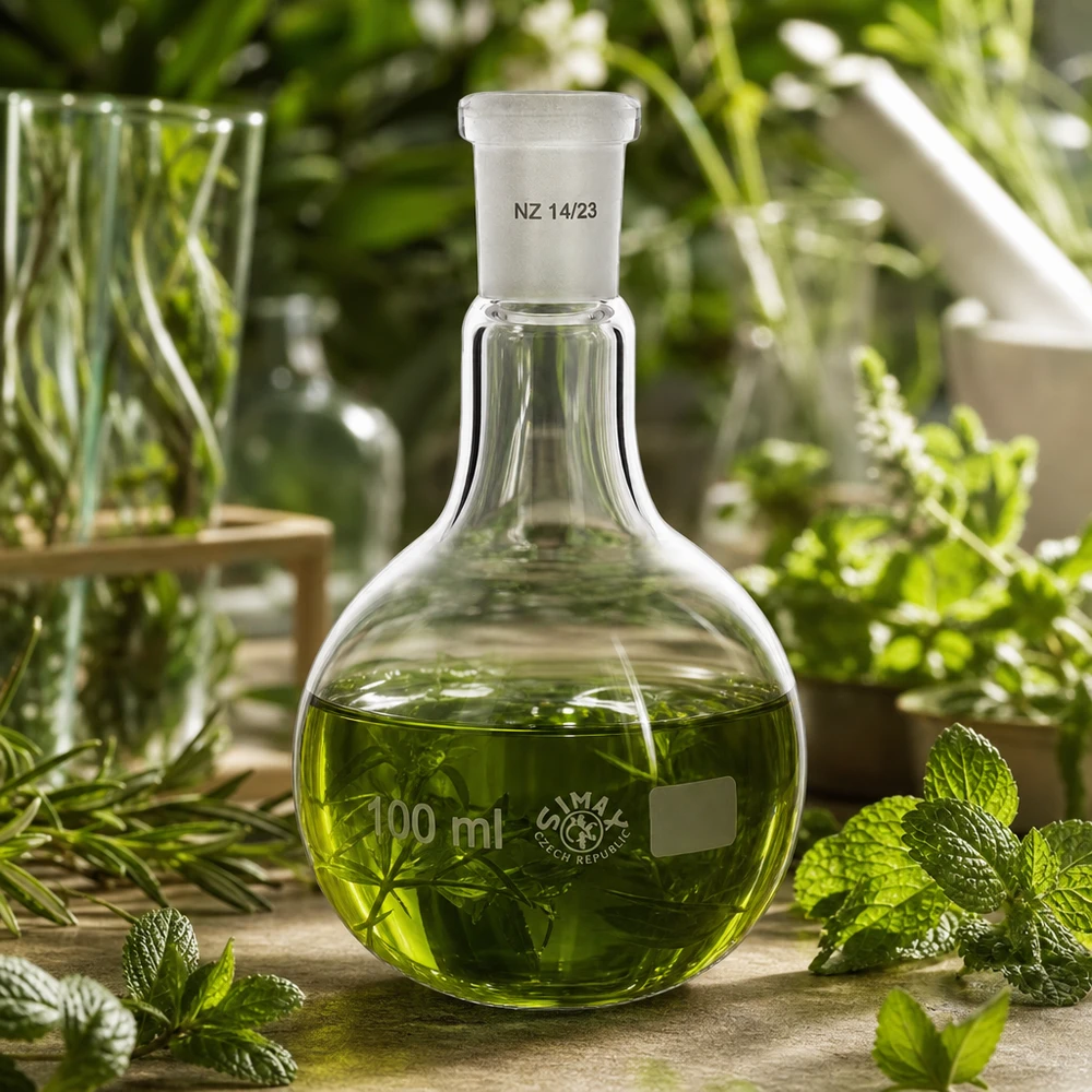 Platbodem kolf 100ml nauwe hals borosilicaat met slijpstuk 14/23 Standaardkolf van geslepen glas met een inhoud van 100 ml met plantenextracten voor onderzoek naar natuurlijke producten