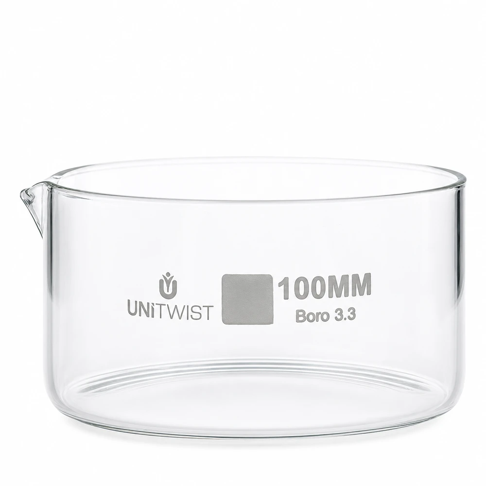 Kristalliseer schaal ø100mm borosilicaatglas UNiTWIST Doorzichtige kristallisatieschaal van borosilicaat, ø 100 mm, met schenktuit voor chemische toepassingen