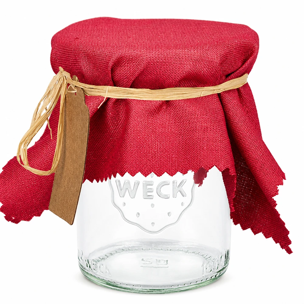 Stoffen sieraden doily bordeaux 15cm vierkant Bordeauxrode rechthoekige stoffen sierdeksel 15cm op WECK inmaakpot met rubberen ring en houten etiket