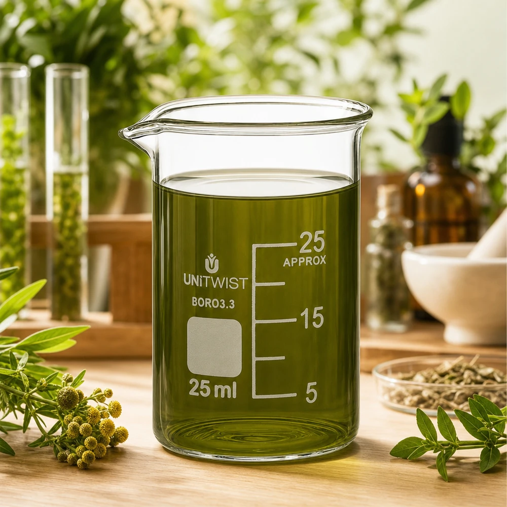 Beker 25ml borosilicaat, lage vorm UNiTWIST Doorzichtig bekerglas van 25 ml, borosilicaatglas, met groen plantenextract voor botanische laboratoriumtoepassingen