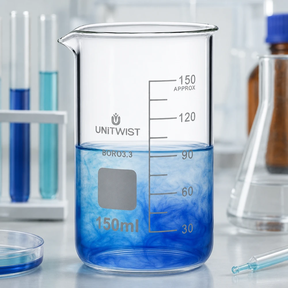 Beker 150ml borosilicaat, hoge vorm UNITWIST Doorzichtig maatbekerglas 150 ml, hoog model, UNITWIST, borosilicaatglas met blauwe kleurstof die diffundeert