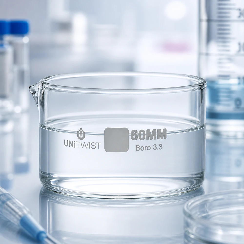 Kristalliseer schaal ø60mm borosilicaatglas UNiTWIST Doorzichtige kristallisatieschaal van 60 mm, gemaakt van hittebestendig Boro 3.3-glas voor laboratoriumtoepassingen