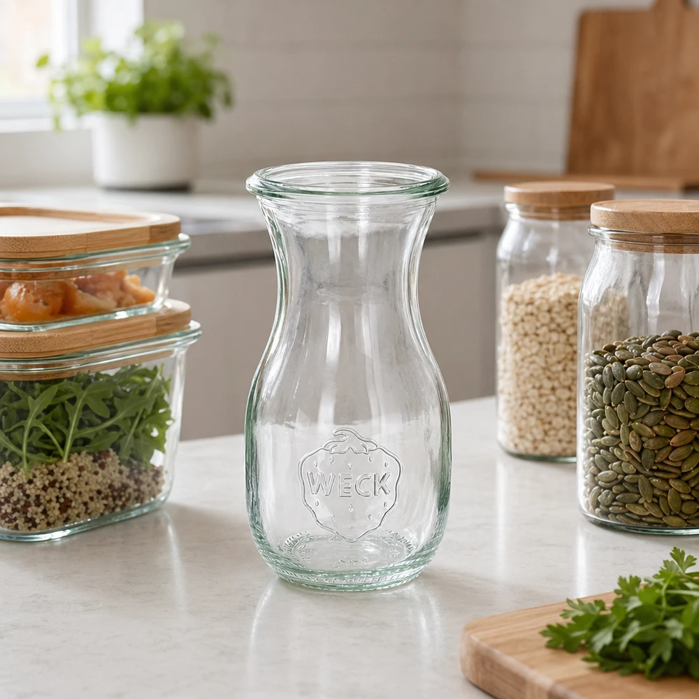 WECK RR60 sapfles van 290 ml WECK sapfles 290ml RR60 leeg in moderne keuken met voorraadpotten en duurzame opslag