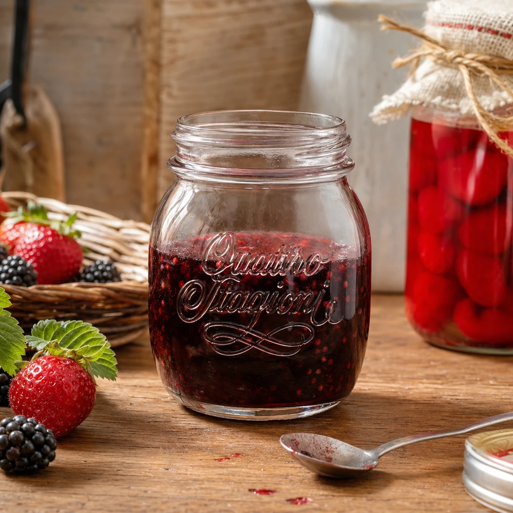 700ml huishoudglas "Quattro Stagioni" 700 ml Quattro Stagioni huishoudpot gevuld met bessenjam op een houten tafel met verse aardbeien en bramen