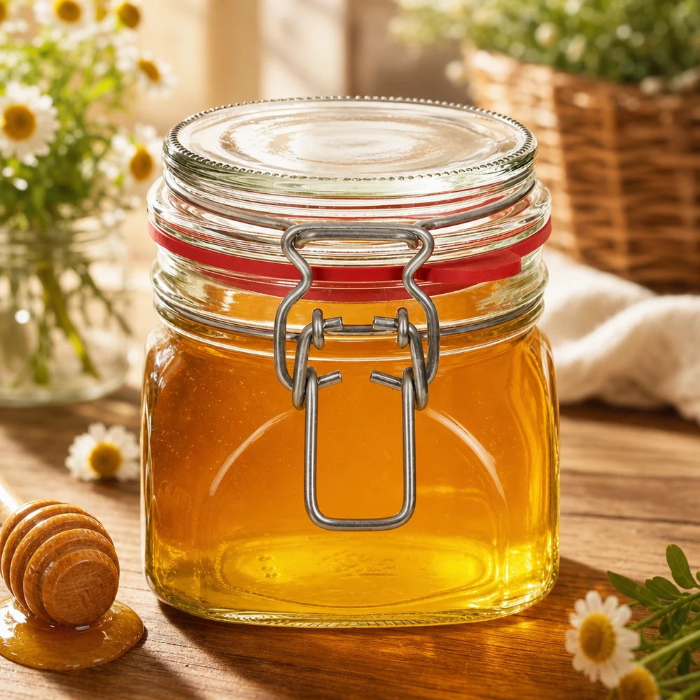 Voorraadpot type G van 370 ml met beugelsluiting UN.. 370 ml inmaakpot gevuld met honing en stevige draaidop voor natuurlijke zoetstoffen