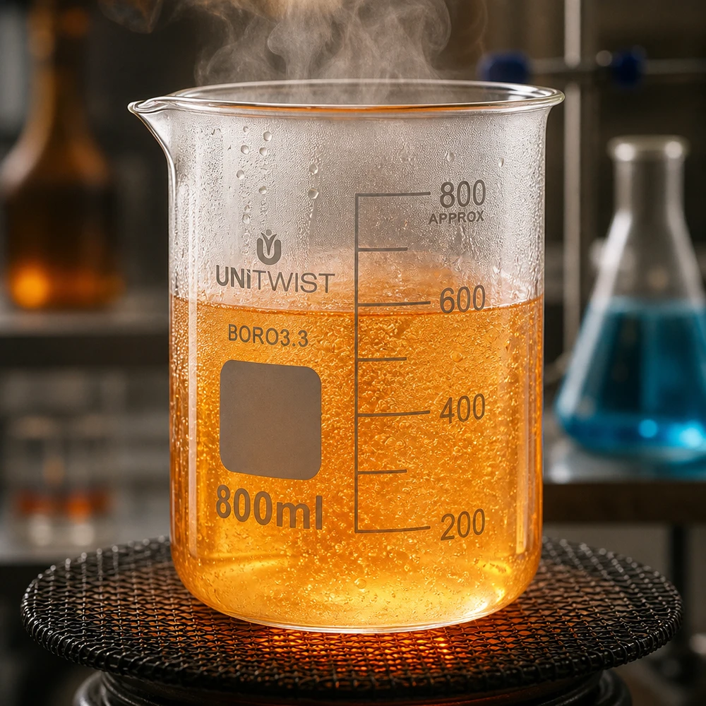 Robuust bekerglas van 800 ml, gemaakt van borosilicaatglas 3.3, tijdens het verwarmen in een professioneel laboratorium