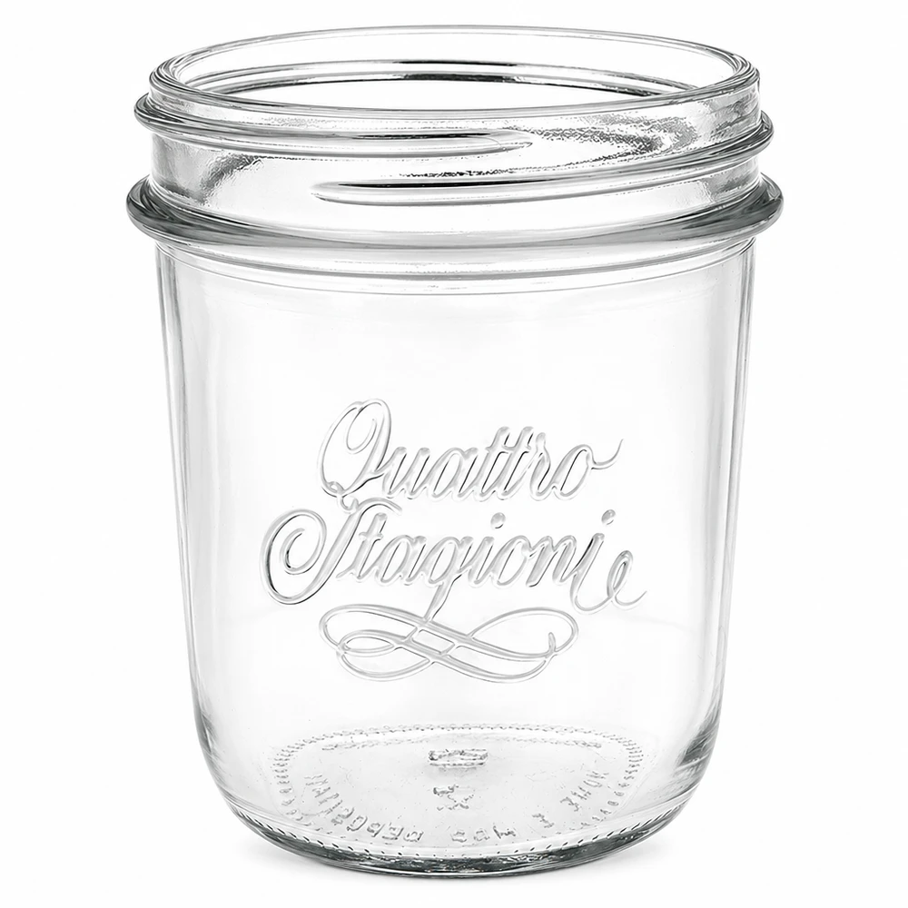 320ml "Quattro Stagioni" beker QS86mm Lege 320 ml Quattro Stagioni bekers met QS86mm draad en elegante letters voor conserveren en inblikken