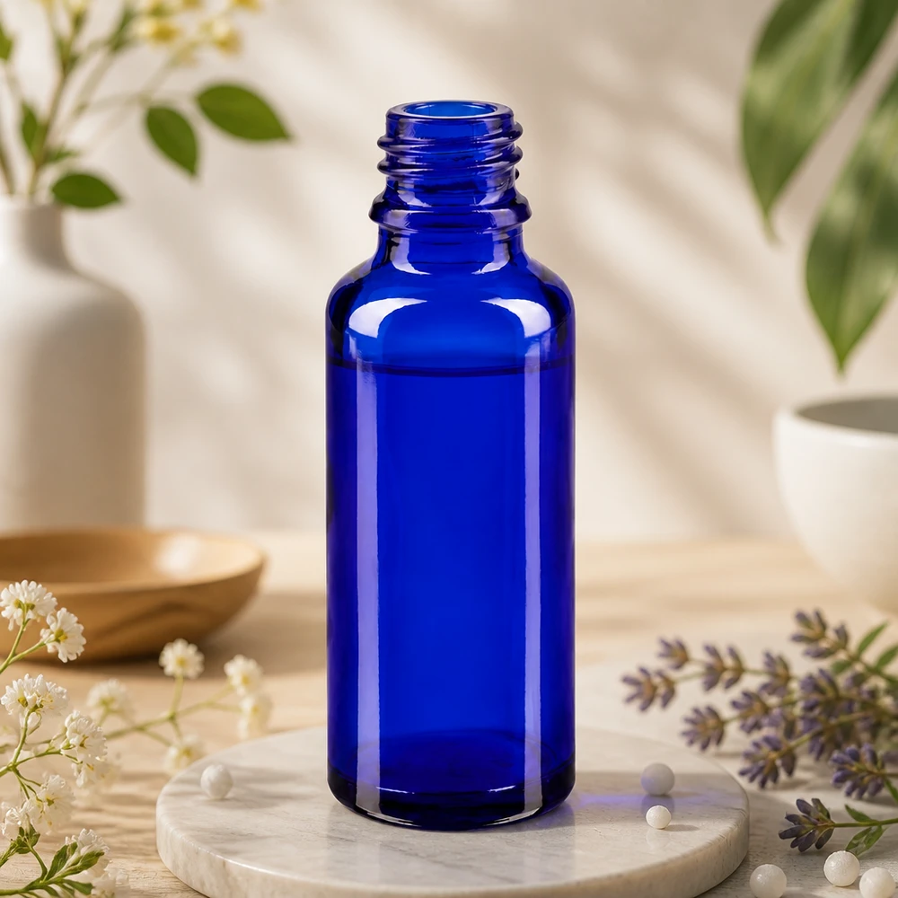 Lege apotheekfles ApoGlas van 30 ml in blauw, om te vullen met essences en extracten