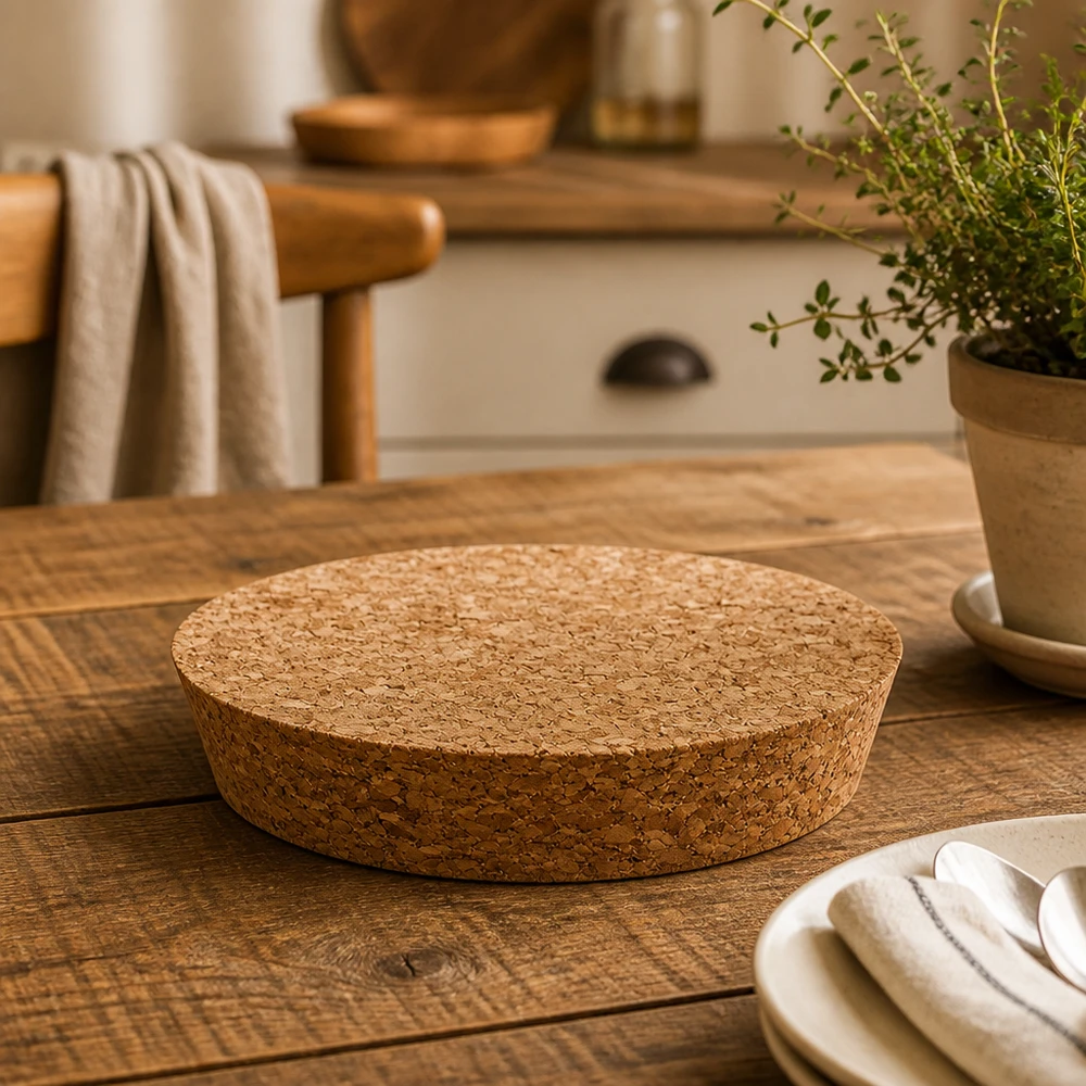 Kurk voor opening 94mm WECK RR100 (ø97/90, H=20mm) WECK RR100 kurk detailopname op houten tafel met keukengerei en kruidenpot natuurkurk deksel 20mm hoogte