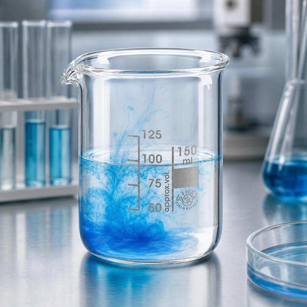 Bekerglas 150 ml van hittebestendig borosilicaatglas (laag model) Hittebestendig borosilicaatglas beker 150ml met blauwe vloeistof in modern laboratoriumontwerp