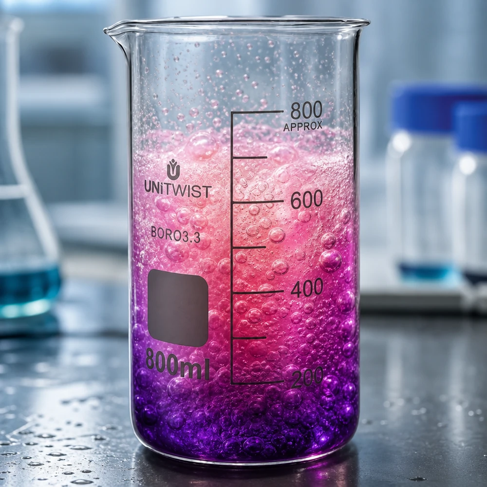 Beker 800ml borosilicaat, hoge vorm UNITWIST Becherglas 800 ml BORO3.3, hoog model met millimeterschaal en levendige reactie in het laboratorium