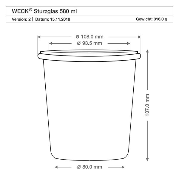 580ml stortglas WECK RR100 Technische tekening WECK beker 580ml RR100 met afmetingen diameter 108mm hoogte 107mm gewicht 316g